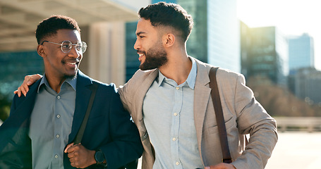 Image showing Smile, talking and walking with business men in the city on their morning commute into work together. Collaboration, planning and ideas with employee partners chatting outdoor in an urban town