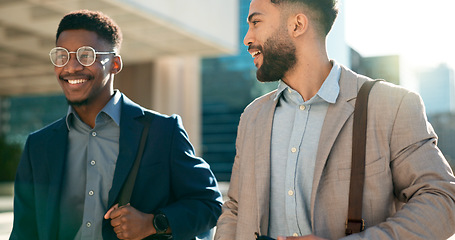 Image showing Outdoor, men and walking with business people, support and planning with happiness, speaking and cooperation. Staff, city and coworkers with feedback, partnership and professional with conversation