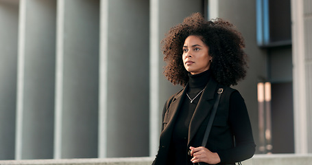 Image showing City, walking and confident business woman on outdoor urban journey, commute trip and person leaving office building. Pride, movement and professional designer on morning travel to work in New York