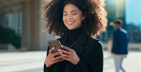 Image showing Designer, mobile app or happy woman in city on social media, internet post or web chat notification. News blog, smile or girl entrepreneur on smartphone texting, networking or typing online in town