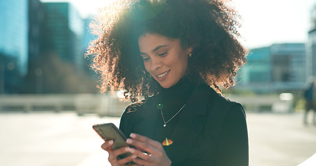 Image showing Happy, phone or businesswoman in city on social media to chat on internet post or website notification. News info, street or female entrepreneur texting, networking or typing online on mobile app