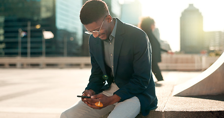 Image showing Business, phone or happy black man in city on social media to chat on internet post or website notification. News, smile or African entrepreneur texting, networking or typing online on mobile app