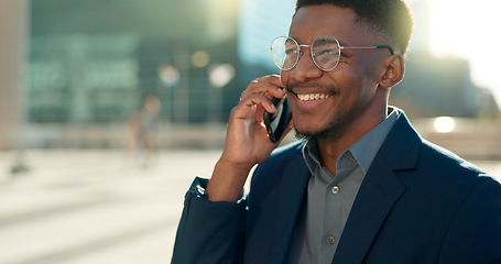 Image showing Business deal, city or happy black man on a phone call talking, networking or speaking to chat. Mobile, communication or African male entrepreneur in conversation, discussion or negotiation outdoors