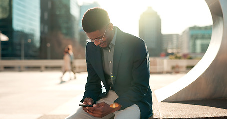 Image showing Business, phone or happy black man in city on social media to chat on internet post or website notification. News, smile or African entrepreneur texting, networking or typing online on mobile app