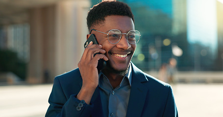 Image showing Business deal, smile or black man on a phone call in city talking, networking or speaking outdoors. Mobile chat, communication or happy African entrepreneur in conversation, discussion or negotiation