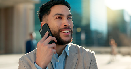 Image showing Negotiation, city or happy businessman on a phone call talking, networking or speaking to chat. Mobile, communication or Arabic male entrepreneur in conversation, discussion or deal offer outdoors