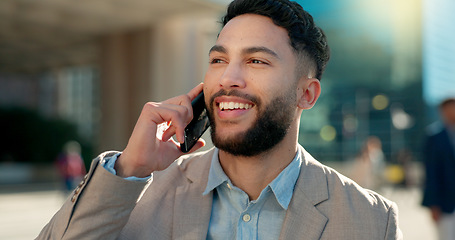 Image showing Negotiation, city or happy businessman on a phone call talking, networking or speaking to chat. Mobile, communication or Arabic male entrepreneur in conversation, discussion or deal offer outdoors