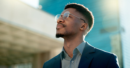 Image showing Black man in business, thinking about future ideas and corporate employee outdoor, dream and inspiration. Insight, decision and brainstorming with goals, mind with travel or commute to work in city