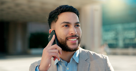 Image showing Negotiation, city or happy businessman on a phone call talking, networking or speaking to chat. Mobile, communication or Arabic male entrepreneur in conversation, discussion or deal offer outdoors