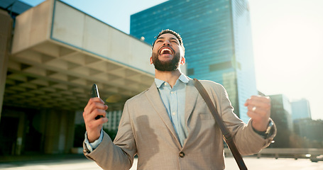 Image showing Walking, phone or businessman winner in city for bonus, financial profit or social media notification. News, yes or happy entrepreneur in celebration of deal victory, online goal or trading success