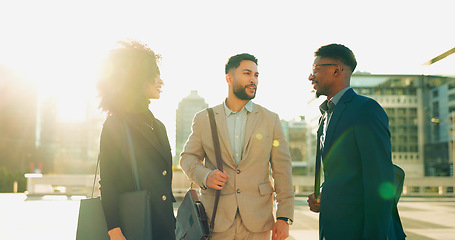 Image showing Business people, handshake and team in street, talk and city with meeting, introduction and attorney group. Men, women or corporate law employees with shaking hands, friends or outdoor on road in cbd