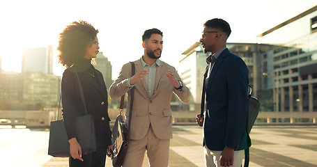 Image showing Business people, handshake and team in street, talk and city with meeting, introduction and attorney group. Men, women or corporate law employees with shaking hands, friends or outdoor on road in cbd