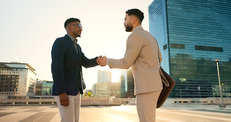 Image showing Networking, walking or business people shaking hands in city for project agreement or b2b deal. Teamwork, outdoor handshake or men meeting for a negotiation, offer or partnership opportunity together