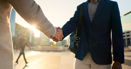 Image showing Teamwork, walking or business people shaking hands in city for project agreement or b2b deal. Hiring, outdoor handshake or men meeting for a negotiation, offer or partnership opportunity together