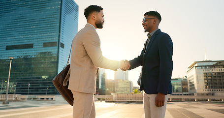 Image showing Networking, walking or business people shaking hands in city for project agreement or b2b deal. Teamwork, outdoor handshake or men meeting for a negotiation, offer or partnership opportunity together