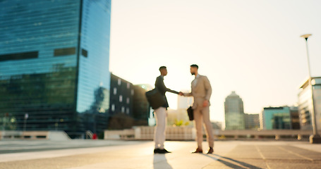 Image showing Networking, walking or business people shaking hands in city for project agreement or b2b deal. Teamwork, outdoor handshake or men meeting for a negotiation, offer or partnership opportunity together