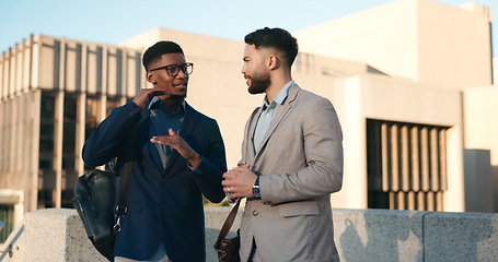 Image showing Businessmen, rooftop and discuss business idea for profit increase, stock market and investment. Data analysts, conversation and corporate collaboration in city building, company and communication