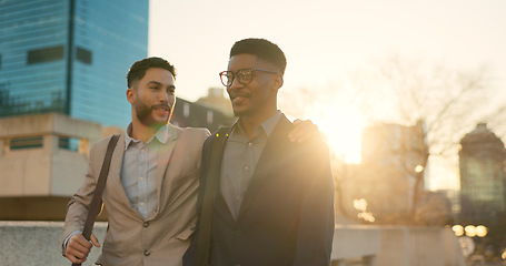 Image showing City, men and walking with business people, hug and lens flare with professional, speaking and cooperation. Staff, outdoor and embrace with partnership, travel and conversation with support and ideas