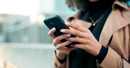 Image showing Hands, phone or woman in city to chat on social media, internet post or website notification. News info, blog update or closeup of entrepreneur texting, networking or typing online on mobile app