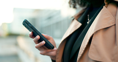 Image showing Hands, phone or woman in city to scroll on social media, internet post or website notification. News info, blog chat or closeup of entrepreneur texting, networking or typing online on mobile app