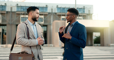 Image showing City, men and ideas with business people, planning and brainstorming with happiness, speaking and collaboration. Staff, outdoor or professional with feedback, partnership or cooperation with teamwork