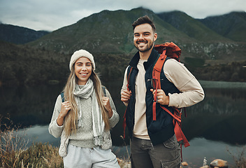 Image showing People, hiking and portrait in nature with travel, mountain and backpacking with wilderness and explore outdoor. Couple camping, adventure and holiday with anniversary date, environment and trekking