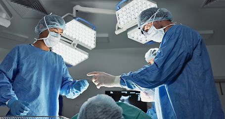 Image showing Doctors, team or scissors for surgery in theater with medical support, healthcare or operation at hospital. Surgeon, medicine and teamwork or collaboration with tools for cardiology or emergency help