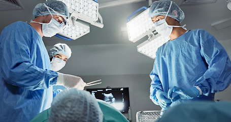 Image showing Doctors, team or scissors for surgery in theater with medical support, healthcare or operation at hospital. Surgeon, medicine and teamwork or collaboration with tools for cardiology or emergency help