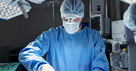 Image showing Doctors, team and surgery in theater with medical support for healthcare, safety and operation room at hospital. Surgeon, medicine and teamwork or collaboration with tools for cardiology or emergency