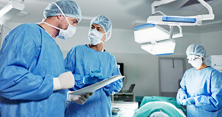 Image showing Hospital, surgeon or patient for surgery, operating room or chart. Operation, medical or diagnosis for chart, explaining or nurse to help, healthcare, check or discussion for care, job or procedure