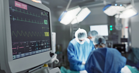 Image showing ECG, screen and machine for cardiology in surgery, operation theater or hospital. Heart rate monitor, digital EKG and electrocardiogram of surgeon, people or teamwork in emergency room for healthcare