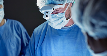 Image showing Surgeon, team of doctors and tools in operation theater, hospital or clinic. Group, medical nurse and surgery equipment in emergency room for healthcare, treatment and people working to help in ICU