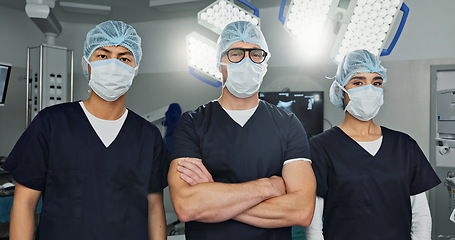 Image showing Surgeon team, doctor and people in portrait, healthcare and confidence in operation theater for medical procedure. Surgery, health professional and help in hospital, expert in mask and collaboration