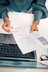 Image showing Hands, pen and human resources with resume, laptop with hiring and recruitment decision in workplace with top view. Person reading CV, employee choice and onboarding, job application and information