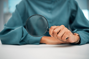 Image showing Magnifying glass, investigation and person hand with detective, study and business employee. Lens, crime search and evidence scan with spy magnifier, solution and analysis for knowledge in office