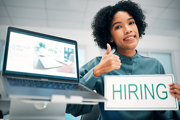 Image showing Woman, thumbs up and hiring sign, laptop and human resources with offer, recruitment and job opportunity. Onboarding, pc screen with website and HR invitation to join team, hand gesture and portrait