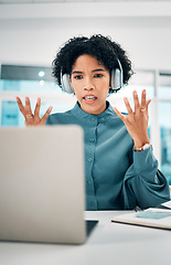 Image showing Woman is confused, laptop and headphones, video conference for presentation, tech glitch and online meeting. Communication fail, 404 or error during virtual discussion, webinar and corporate training