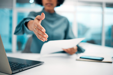 Image showing Handshake, introduction in interview and recruitment, human resources and communication, partnership and trust. Person hiring, onboarding with shaking hands and job opportunity, agreement and deal