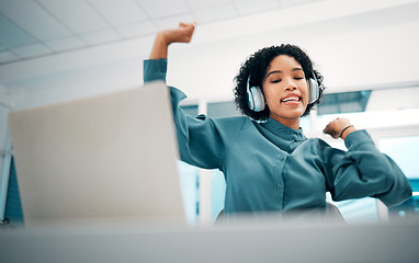 Image showing Headphones, dancing and woman with laptop listening to music, playlist or album in the office. Happy, smile and female creative designer moving and streaming a song on radio on computer in workplace.