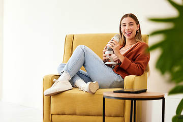 Image showing Microphone, production and happy woman hosting podcast on a chair by a wall in her modern home. Radio, broadcast and young female person hosting a journalism talk show in a recording space at house.