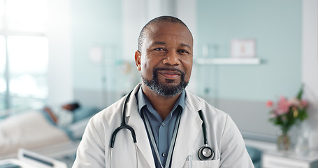 Image showing Healthcare, doctor and black man with arms crossed at hospital with smile for support, service and wellness. Medicine, professional and African expert with happiness and pride for career or surgery