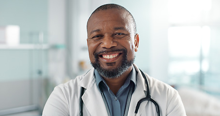 Image showing Healthcare, doctor and face of black man at hospital with smile for support, service and wellness. Medicine, professional and African expert with happiness and pride for career, surgery or insurance