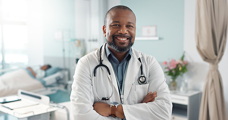 Image showing Medicine, doctor and black man with arms crossed at hospital with smile for support, service and wellness. Healthcare, professional and African expert with happiness and pride for career and surgery