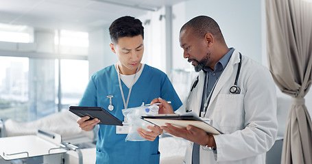 Image showing Internet, black man or doctor with a tablet, typing or connection with online results, healthcare or website information. African person, worker or medical professional with tech, surgeon or research