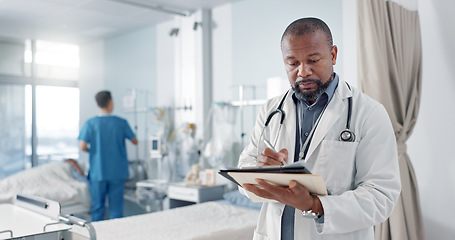 Image showing Internet, black man or doctor with a tablet, typing or connection with online results, healthcare or website information. African person, worker or medical professional with tech, surgeon or research