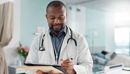 Image showing Career, black man and doctor with a tablet, connection and website information with research, digital app or network. African person, worker or medical professional with tech, healthcare or internet