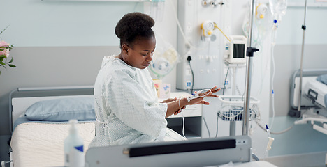 Image showing Patient, clinic and thinking black woman after medical surgery for healthcare service, assessment or treatment. Consultation, medicine and sick person is sad in a healthcare for health and depressed