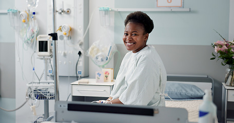 Image showing Patient, hospital and happy on bed with recovery, illness and accept diagnosis with treatment plan. Black woman, healthcare and wellness in medical center, bedroom and smiling for doctor and therapy