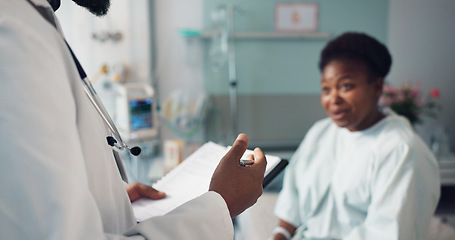 Image showing Hands, medical records or diagnosis with a doctor and patient in the hospital for healthcare consulting. Medicine, documents or discussion with a gp talking to a black woman in a health clinic