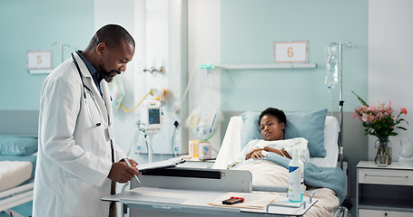 Image showing Check, patient and doctor in hospital, clinic or healthcare with sick black woman healing or talking to expert. Health, insurance or surgeon consulting person in rehabilitation with checklist or help